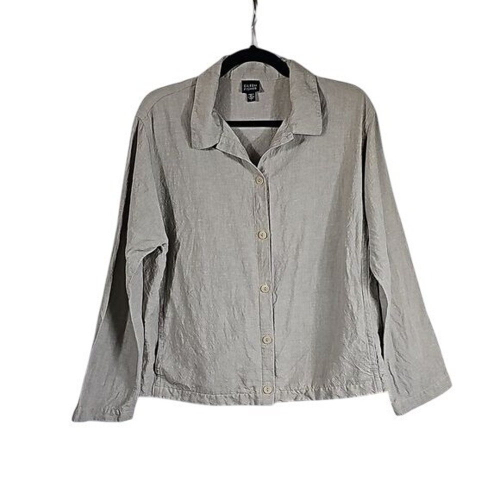 Eileen Fisher Linen Button Up Shacket L Tan Coastal Minimalist Neutral Lagenlook